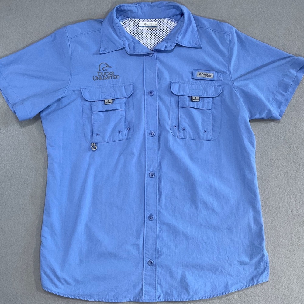 Columbia PFG Women's Small Ducks Unlimited Blue Fishing Shirt Short Sleeve - Picture 1 of 9